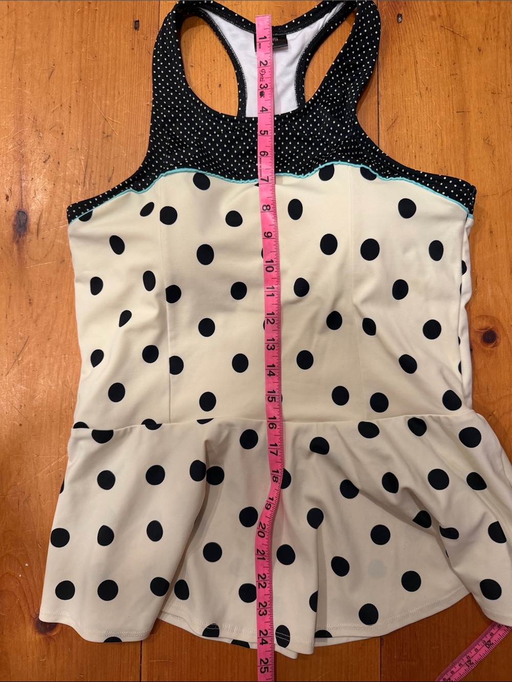 2 piece Lime Ricki tankini swimsuit cream top black polka dots ruffled skirt L - Picture 14 of 14